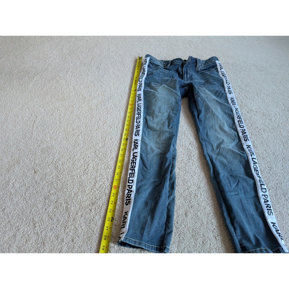 Karl Lagerfeld Blue Denim Side Stripe Straight Leg Pants Womens 12 Logo Tape - Picture 7 of 15